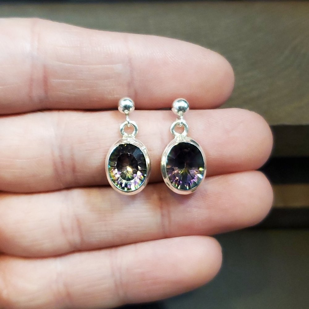 925 Sterling Silver Unique Cut Rainbow Quartz Gem Dangle Earrings